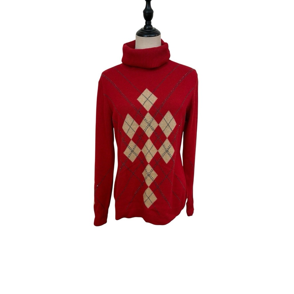 Escada Red Argyle Turtle Neck Sweater Wool Cashmere Silk Sweater Sz 40 Luxury